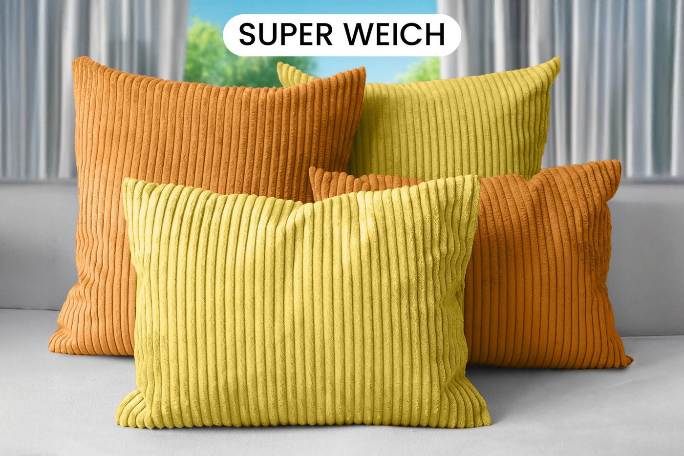 Amilian Dekokissen Sofakissen Cord-Optik 4er Set mit Füllung 2x 40x40 + 2x 35x45 cm, mit Füllung, Hotelverschluss, formstabil – Bild 2 von 5