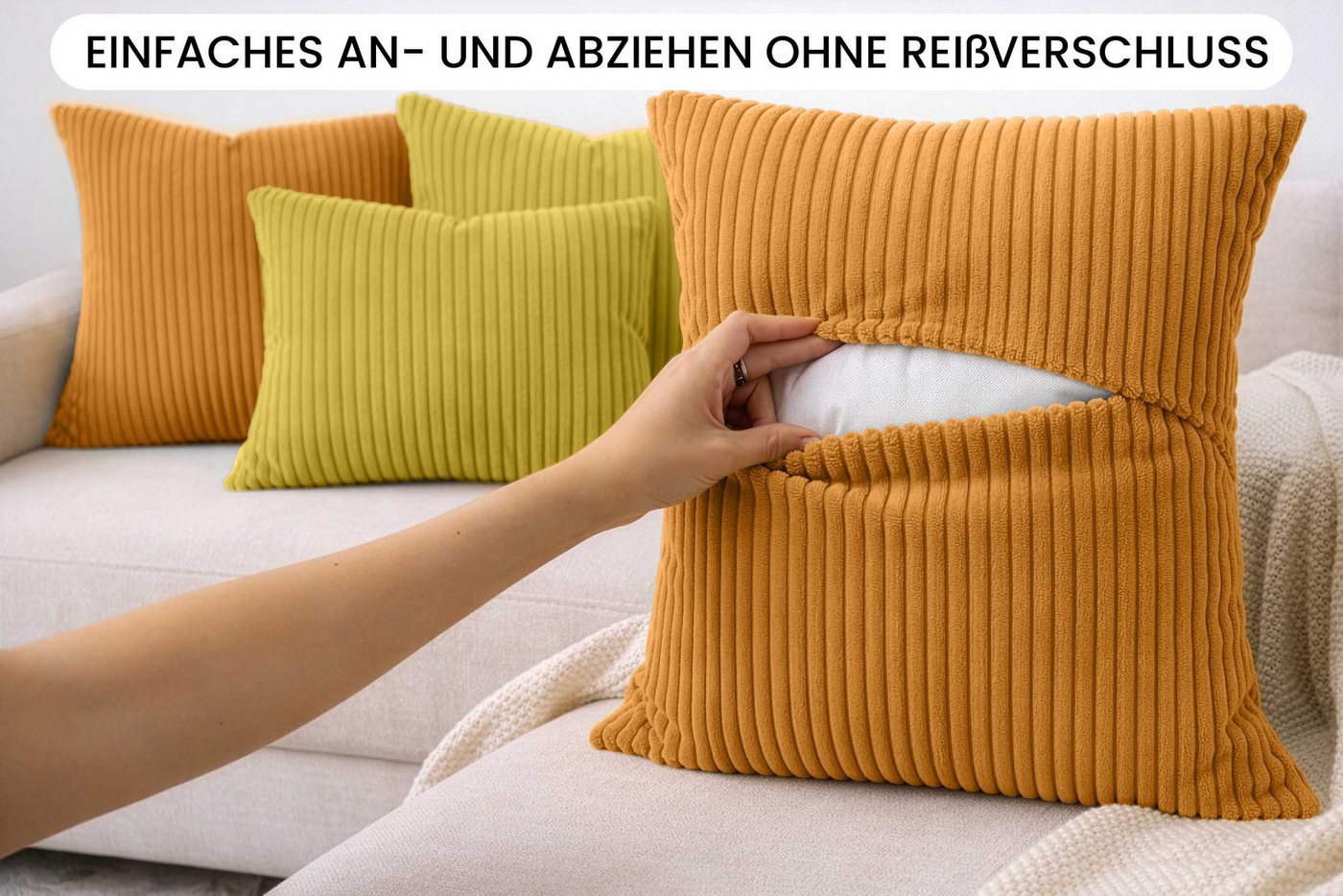 Amilian Dekokissen Sofakissen Cord-Optik 4er Set mit Füllung 2x 40x40 + 2x 35x45 cm, mit Füllung, Hotelverschluss, formstabil – Bild 5 von 5