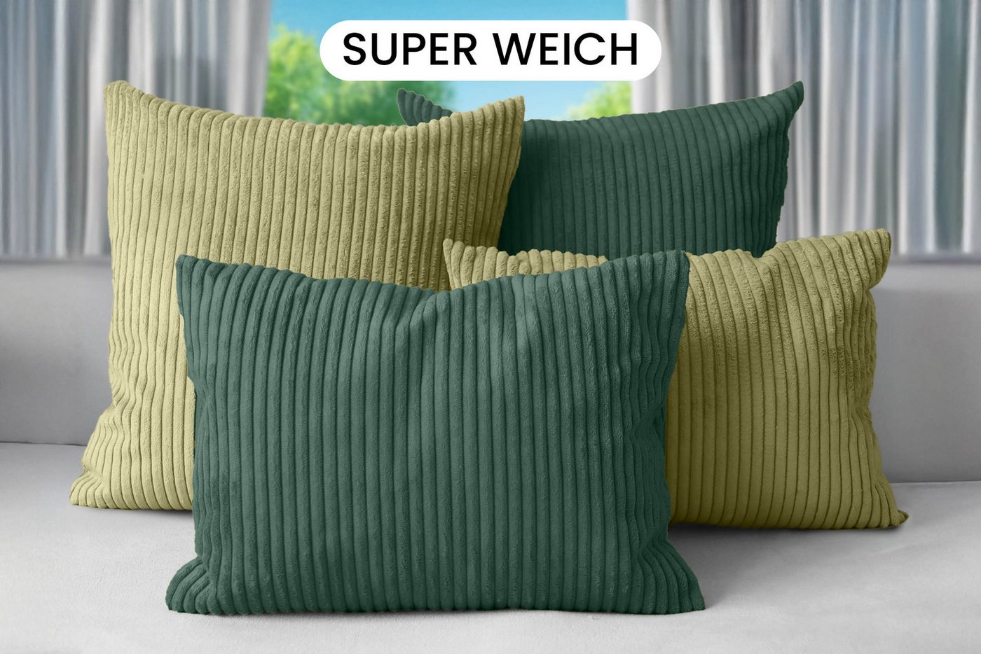 Amilian Dekokissen Sofakissen Cord-Optik 4er Set mit Füllung 2x 40x40 + 2x 35x45 cm, mit Füllung, Hotelverschluss, formstabil – Bild 2 von 5