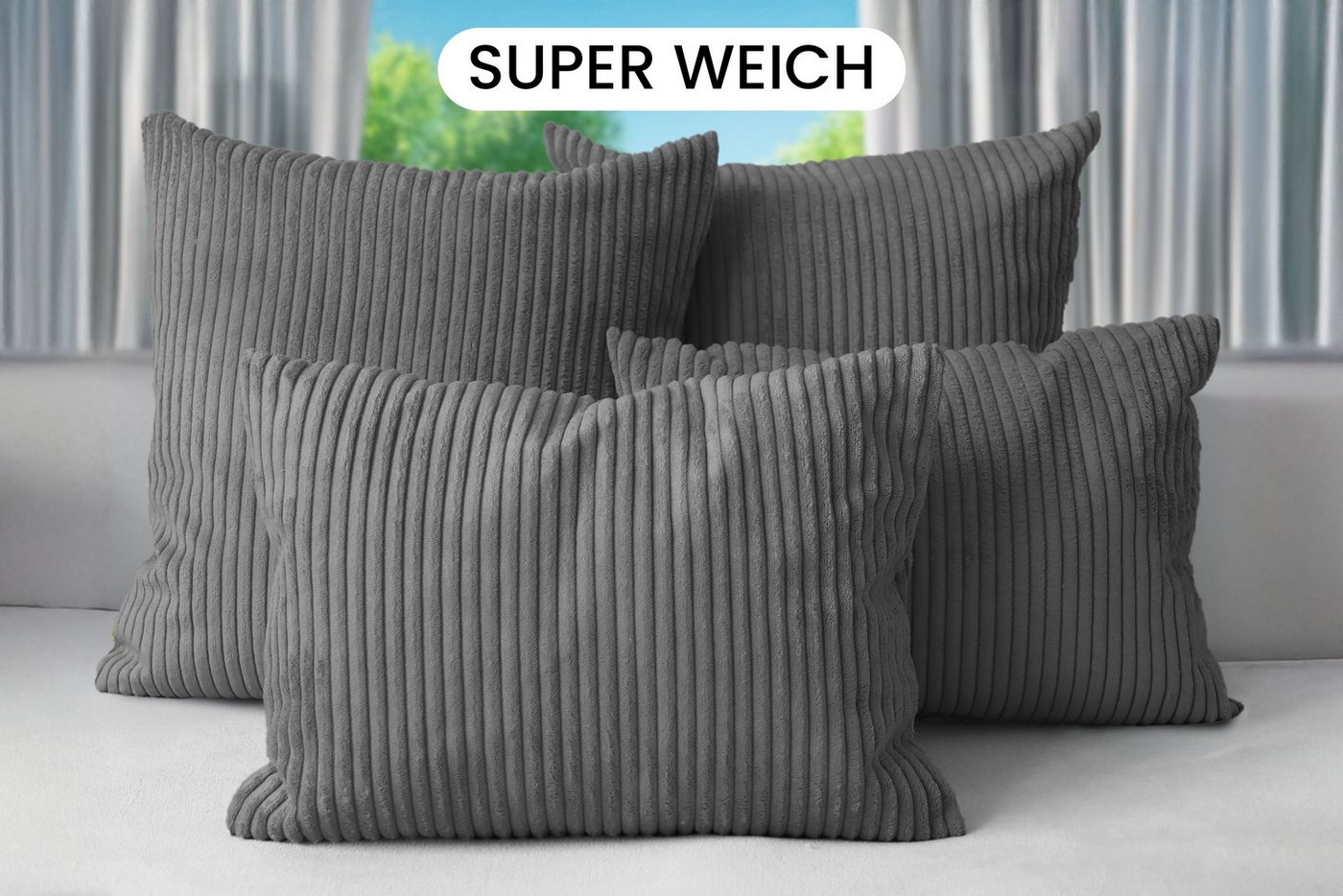 Amilian Dekokissen Sofakissen Cord-Optik 4er Set mit Füllung 2x 40x40 + 2x 35x45 cm, mit Füllung, Hotelverschluss, formstabil – Bild 2 von 5