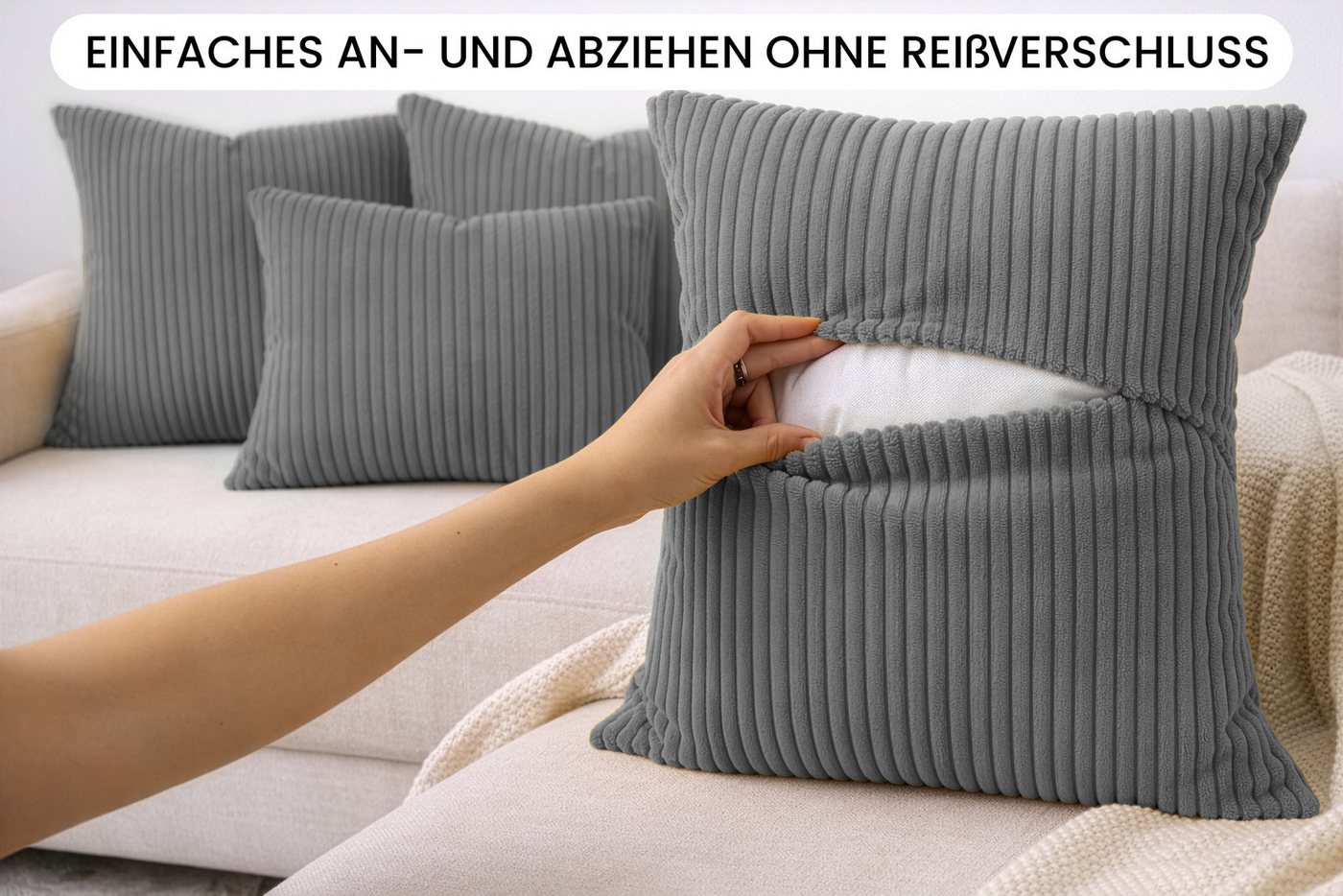 Amilian Dekokissen Sofakissen Cord-Optik 4er Set mit Füllung 2x 40x40 + 2x 35x45 cm, mit Füllung, Hotelverschluss, formstabil – Bild 5 von 5