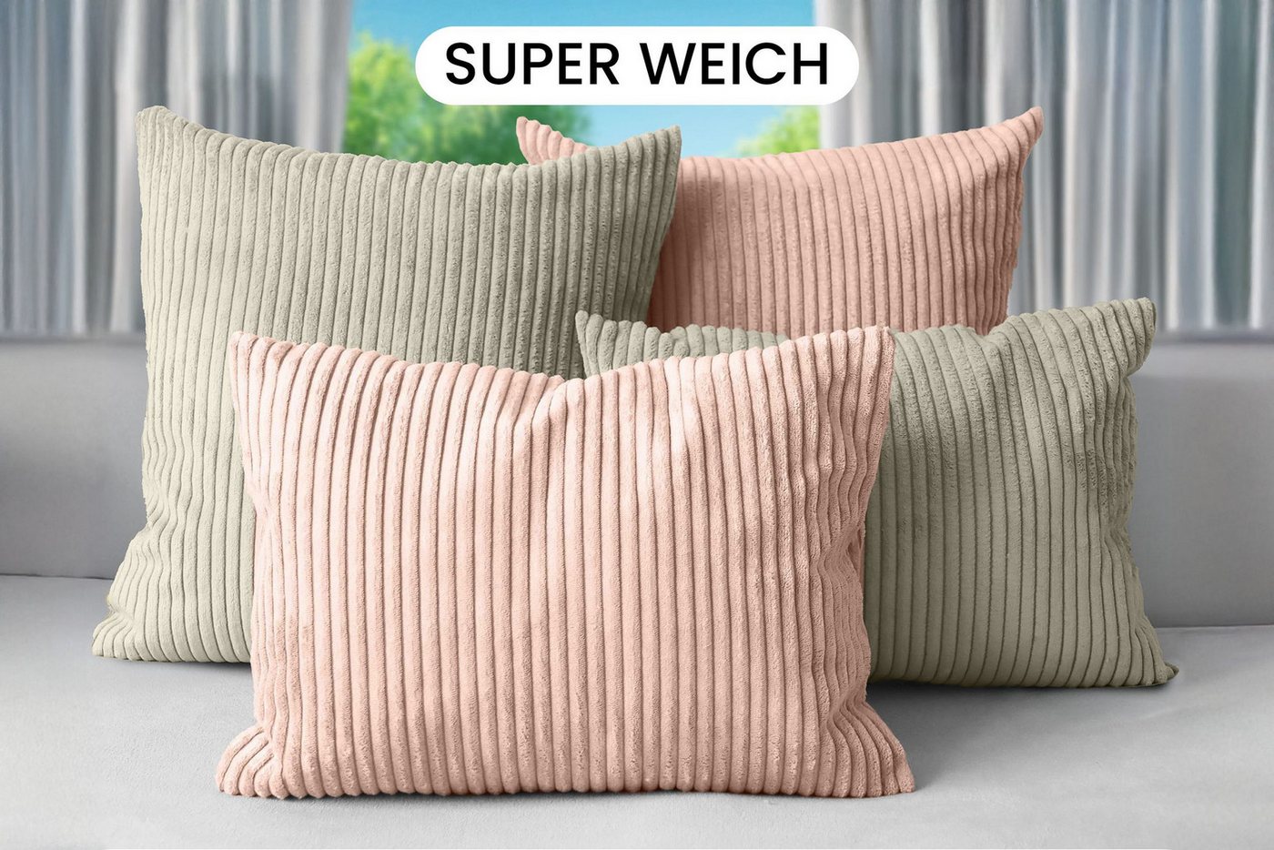 Amilian Dekokissen Sofakissen Cord-Optik 4er Set mit Füllung 2x 40x40 + 2x 35x45 cm, mit Füllung, Hotelverschluss, formstabil – Bild 2 von 5