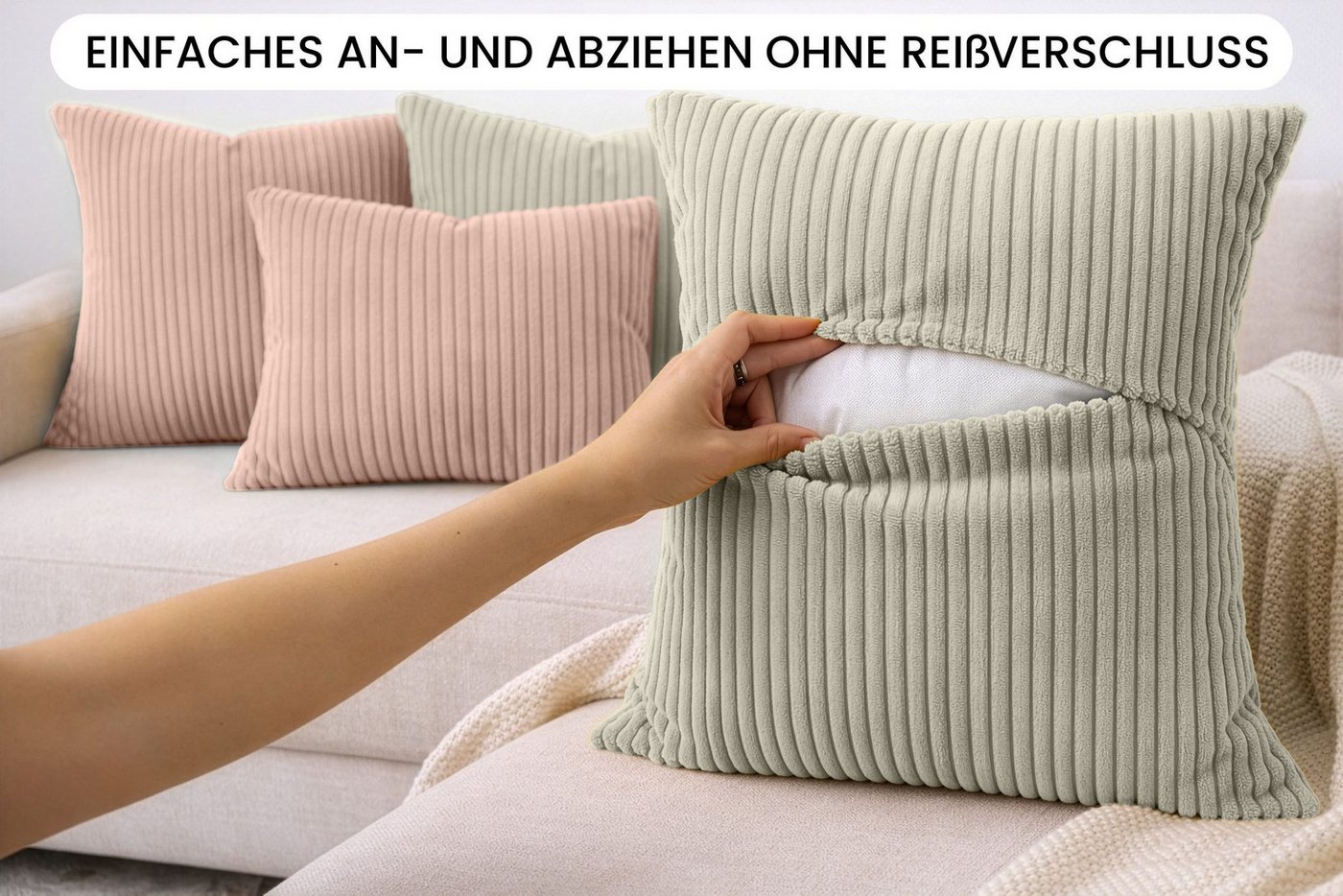 Amilian Dekokissen Sofakissen Cord-Optik 4er Set mit Füllung 2x 40x40 + 2x 35x45 cm, mit Füllung, Hotelverschluss, formstabil – Bild 5 von 5