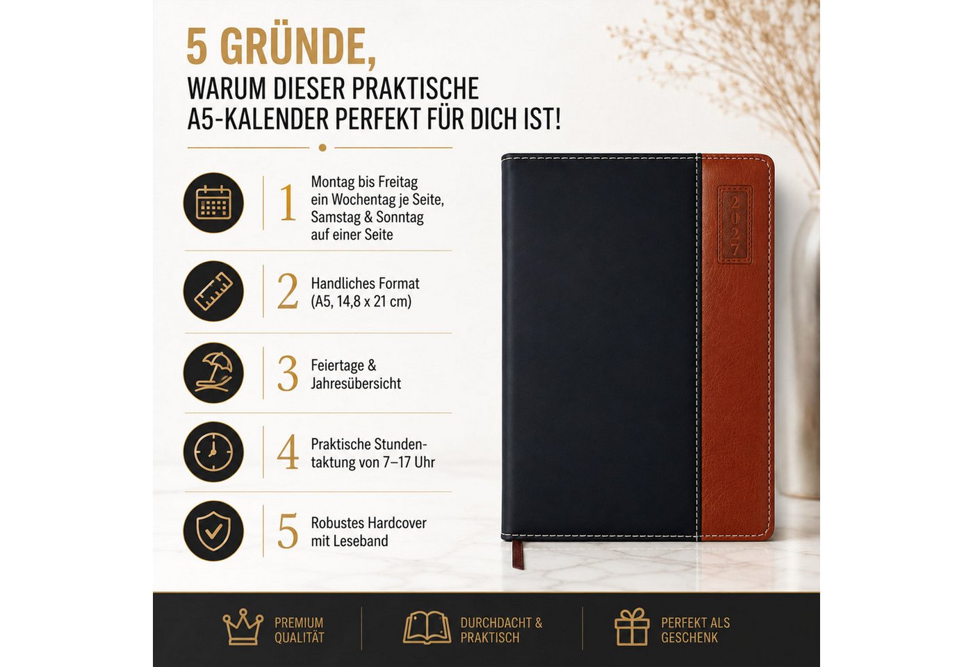 AMLI Buchkalender Buchkalender 2027 A5 1 Tag 1 Seite Terminplaner Hardcover Schwarz, Stunden-Taktung 7-17 Uhr, Softtouch-Cover, Leseband, Jahresübersicht – Bild 2 von 5