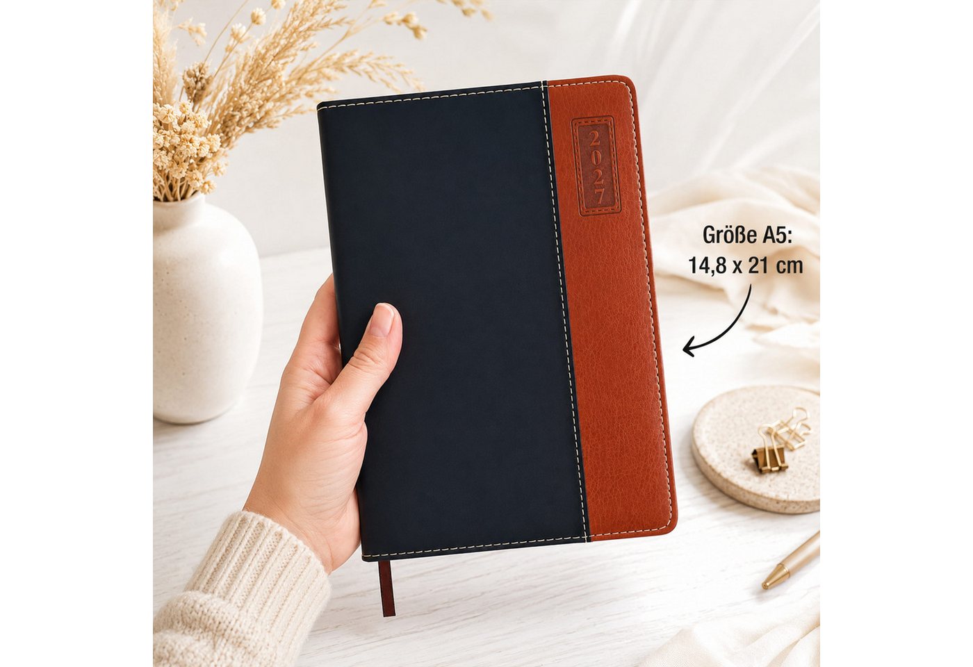 AMLI Buchkalender Buchkalender 2027 A5 1 Tag 1 Seite Terminplaner Hardcover Schwarz, Stunden-Taktung 7-17 Uhr, Softtouch-Cover, Leseband, Jahresübersicht – Bild 3 von 5
