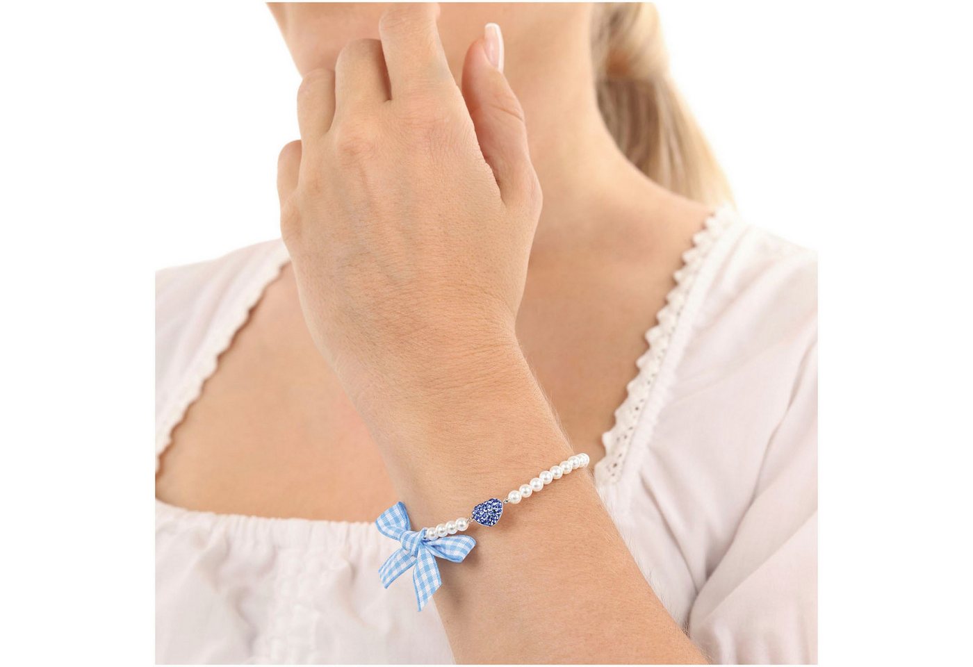 Amor Armband Herz/Schleife, Trachtenschmuck, Volksfest, mit Kristallglas - mit Muschelkernperle – Bild 4 von 4