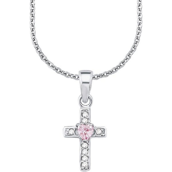 Amor Kette mit Anhänger rosa Herz, Kreuz, mit Zirkonia (synth)