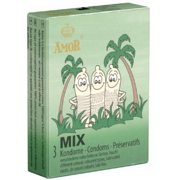 Amor Kondome Mix (gerippte und genoppte Kondome) Packung mit, 3 St., stimulierende Kondome, mit verschiedenen Texturen, Rippen, Noppen oder beides