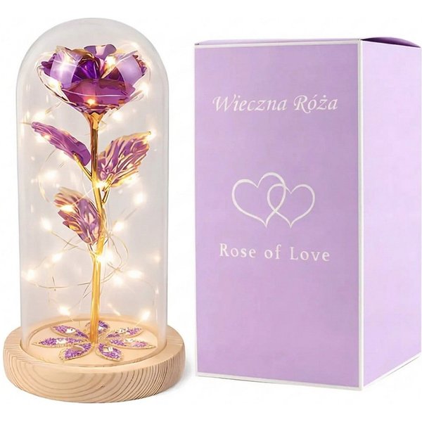 AMORE MIO LED Dekoobjekt LED Rosen Ornament mit Holzsockel und Dekokuppel Geschenk, LED fest integriert, Romantische Forever Rose 22cm hoch batteriebetrieben mi
