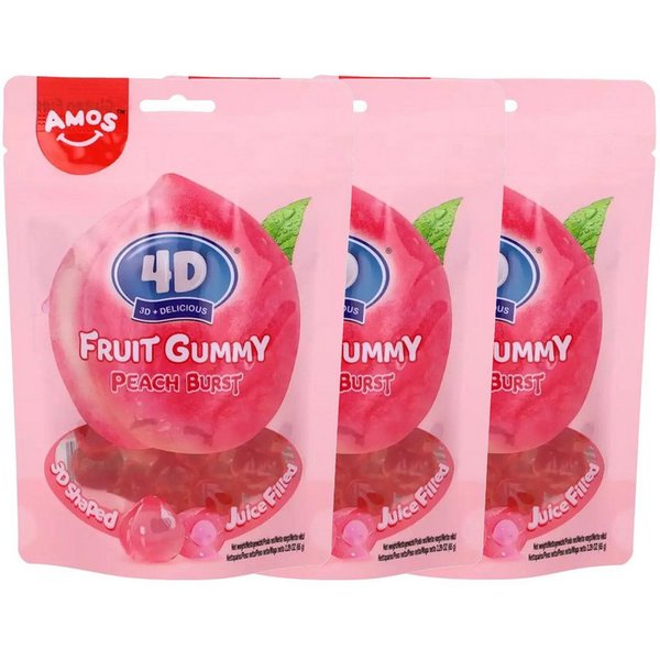 AMOS Süßigkeit, Amos Peelerz 4D Peach Burst Gummy Mini Fruchtgummi 65g 3er Pack
