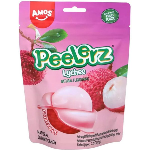 AMOS Süßigkeit, Amos Peelerz Gummies Lychee mit einer fruchtigen Füllung 65g
