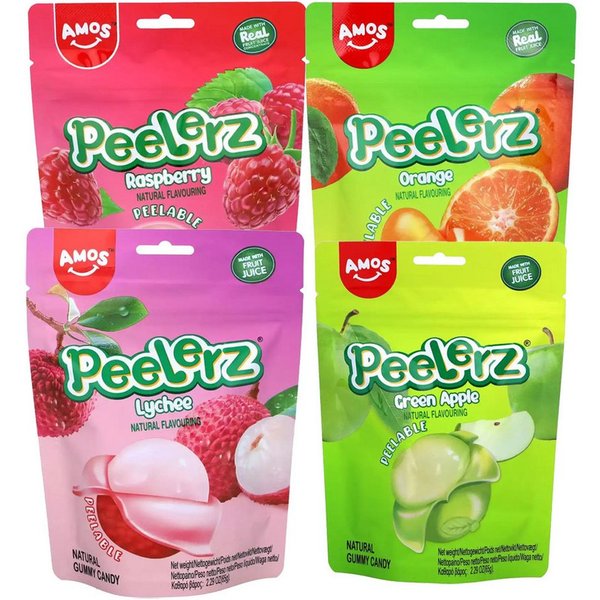 AMOS Süßigkeit, Amos Peelerz Mix Raspberry green Apple Lychee Orange 65g 4er Pack