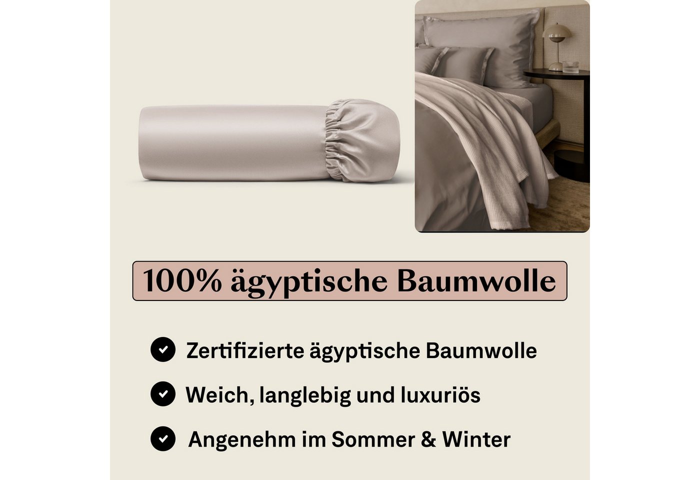 Amqua Spannbettlaken, Premium Mako Satin Spanntuch, 100% ägyptische Baumwolle, Gummizug: rundum, weiche & atmungsaktive Bettlaken / Laken für Matratzen bis 30cm – Bild 2 von 5