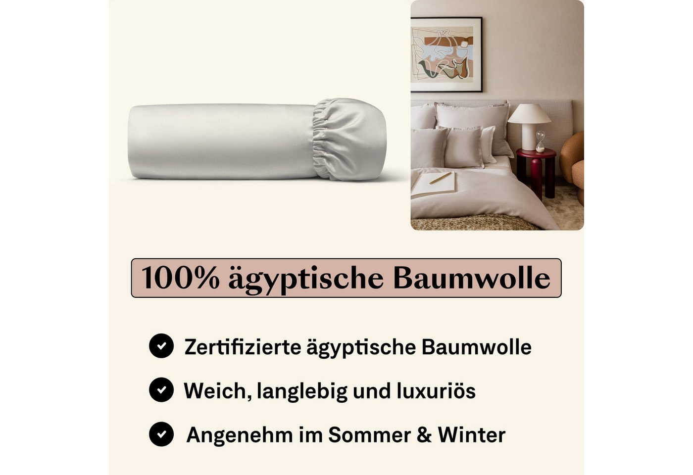 Amqua Spannbettlaken, Premium Mako Satin Spanntuch, 100% ägyptische Baumwolle, Gummizug: rundum, weiche & atmungsaktive Bettlaken / Laken für Matratzen bis 30cm – Bild 2 von 5
