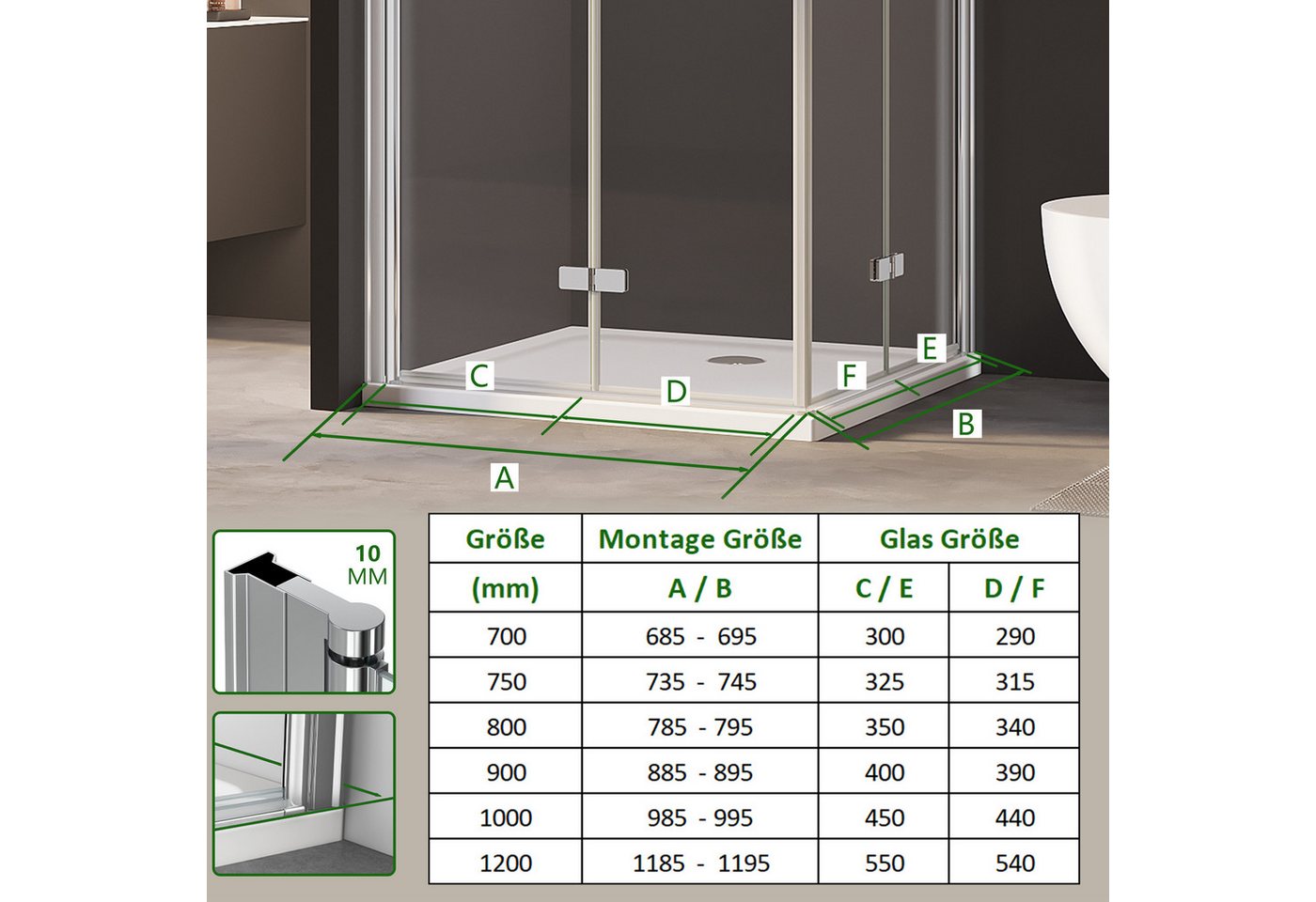 AmuseVera Eckdusche Falttür Duschwand Eckeinstieg Duschkabine Faltdusche Doppel Duschtüren, BxT: 70x70 cm, Einscheibensicherheitsglas, Set, mit hochwertigen Alu – Bild 4 von 5