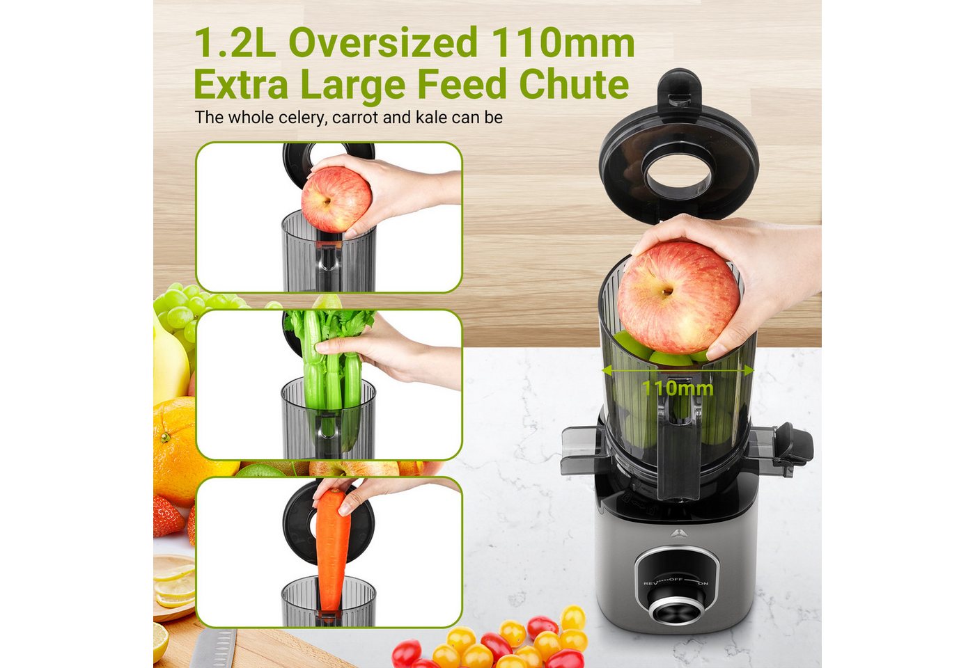 AMZCHEF Slow Juicer CE-JS2OT304-IG, 220 W, inklusive Bürste und 2 Bechern – Bild 2 von 5