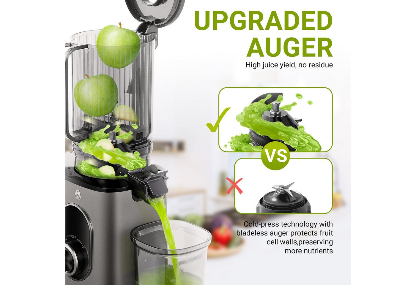 AMZCHEF Slow Juicer CE-JS2OT304-IG, 220 W, inklusive Bürste und 2 Bechern – Bild 3 von 5