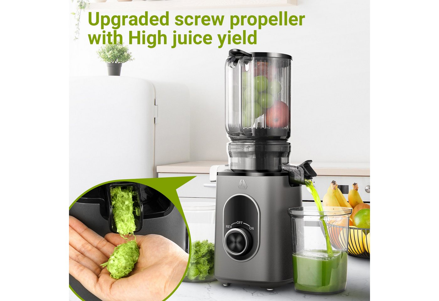 AMZCHEF Slow Juicer CE-JS2OT304-IG, 220 W, inklusive Bürste und 2 Bechern – Bild 4 von 5