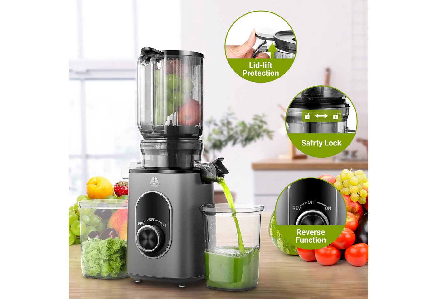 AMZCHEF Slow Juicer CE-JS2OT304-IG, 220 W, inklusive Bürste und 2 Bechern – Bild 5 von 5