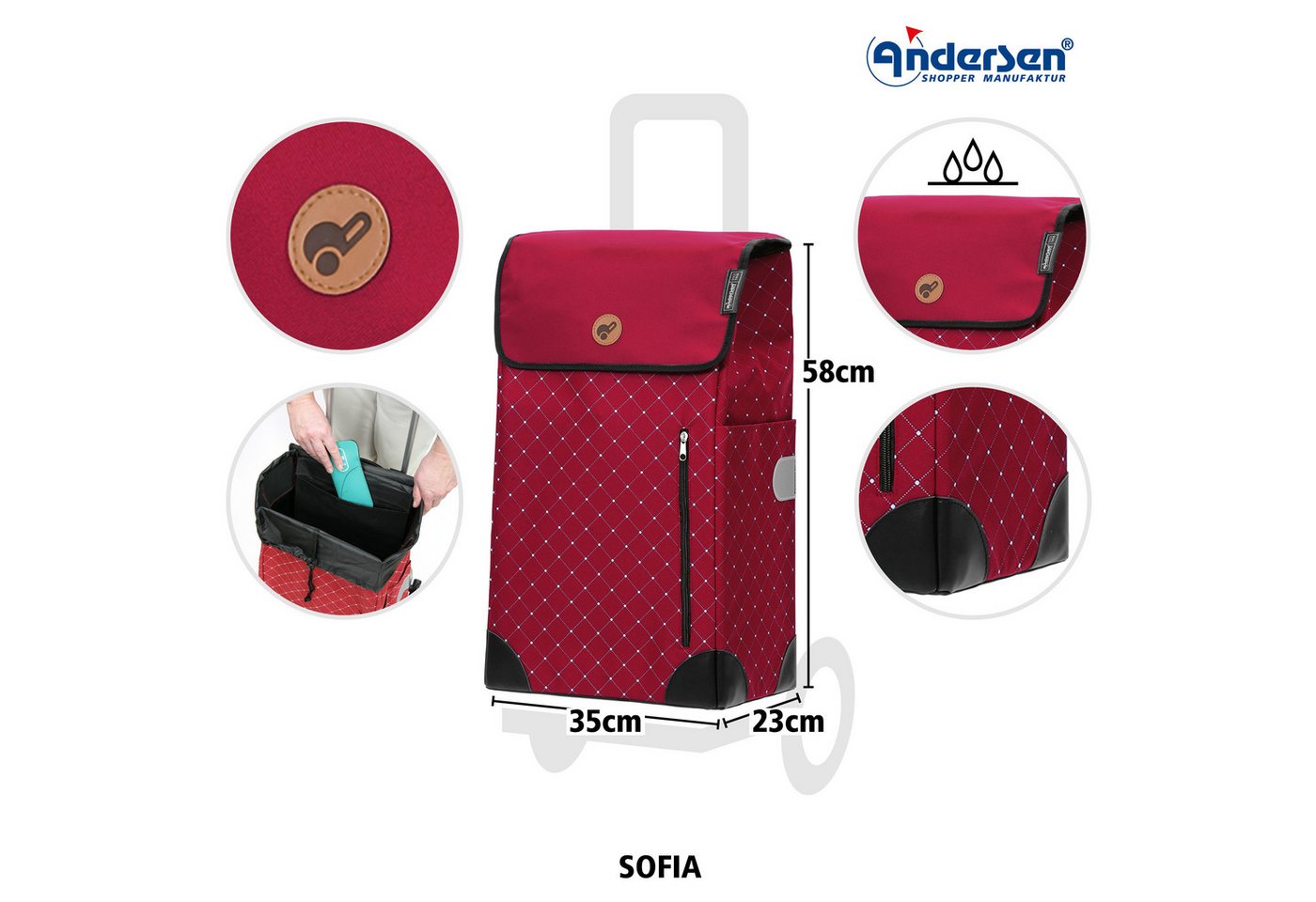 Andersen Einkaufstrolley Alu Star Shopper Sofia rot, klappbar, höhenverstellbar, belastbar bis 40kg, wasserabweisend – Bild 3 von 5