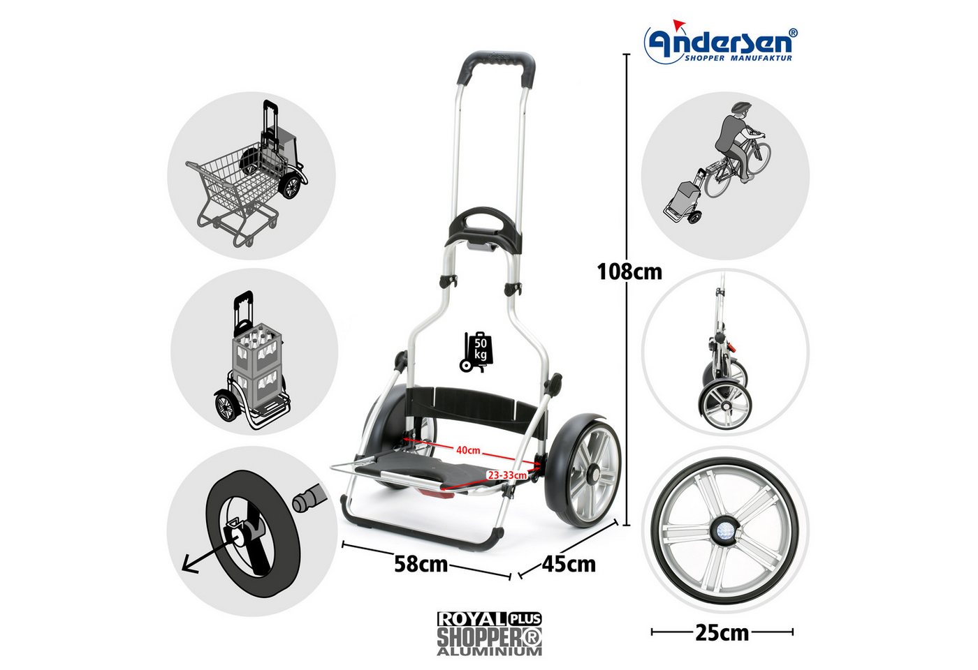Andersen Einkaufstrolley Royal Sh. Plus m. 25cm kugelgel. Flüsterrad, klappbare Ladefläche, belastbar bis 50kg – Bild 5 von 5