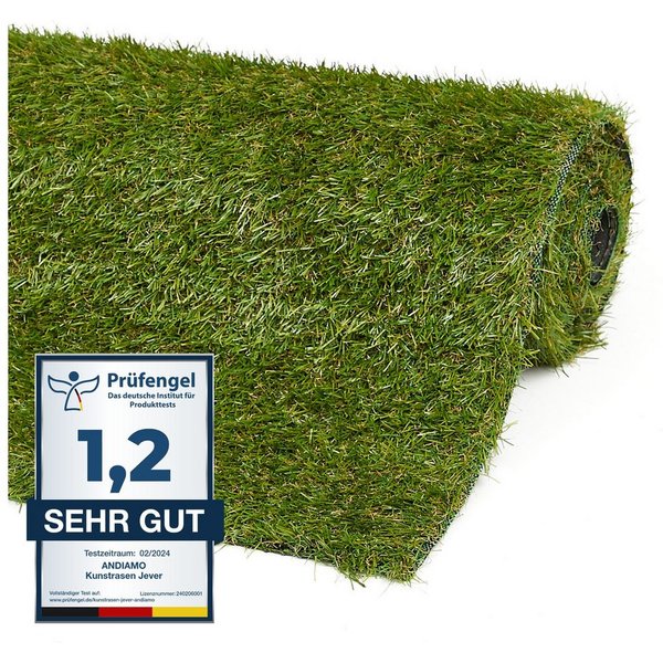 Andiamo Kunstrasen Rasenteppich Jever, Gesamthöhe ca. 22 mm, rechteckig, natürliche Optik, mit Drainagefunktion, für Balkon, Terrasse & Garten