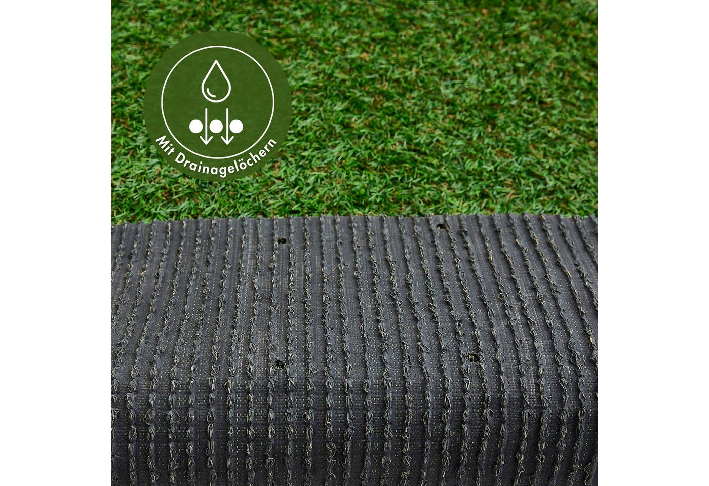 Andiamo Kunstrasen Rasenteppich Sansibar, Gesamthöhe ca. 20 mm, rund, realistische Optik, mit Drainagefunktion, für Balkon & Terrasse – Bild 3 von 5