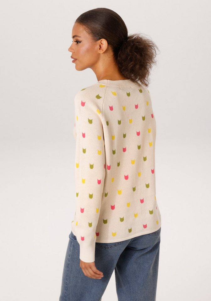Aniston CASUAL Strickpullover mit eingestrickten grafischen Katzenköpfen – Bild 2 von 5