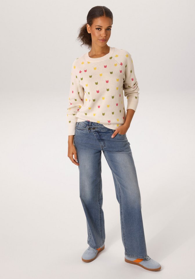 Aniston CASUAL Strickpullover mit eingestrickten grafischen Katzenköpfen – Bild 4 von 5