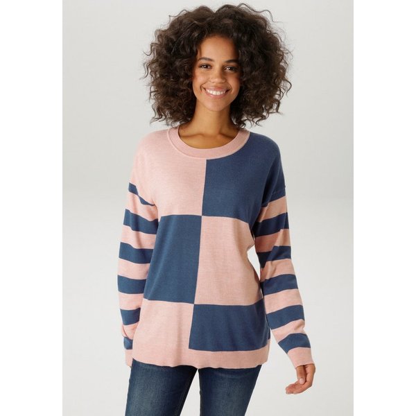 Aniston CASUAL Strickpullover mit großflächigem Patchmuster und geringelten Ärmeln