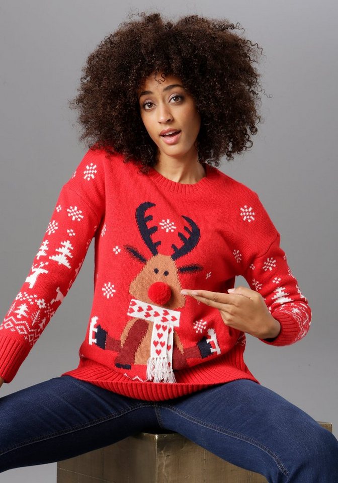 Aniston CASUAL Weihnachtspullover mit Bommel-Nase und Fransenschal – Bild 2 von 5