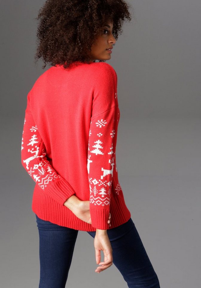 Aniston CASUAL Weihnachtspullover mit Bommel-Nase und Fransenschal – Bild 3 von 5