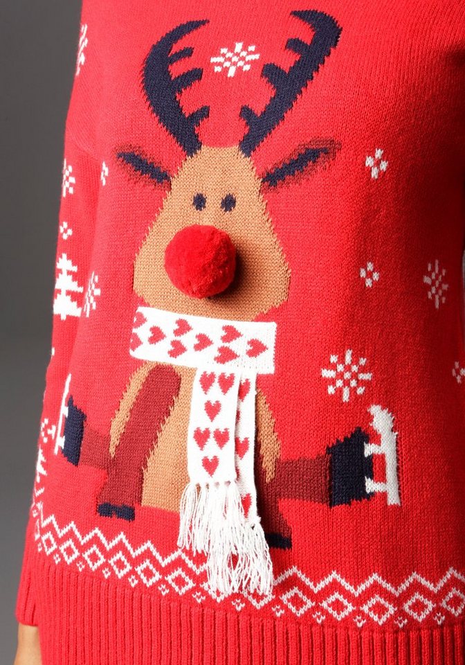 Aniston CASUAL Weihnachtspullover mit Bommel-Nase und Fransenschal – Bild 5 von 5
