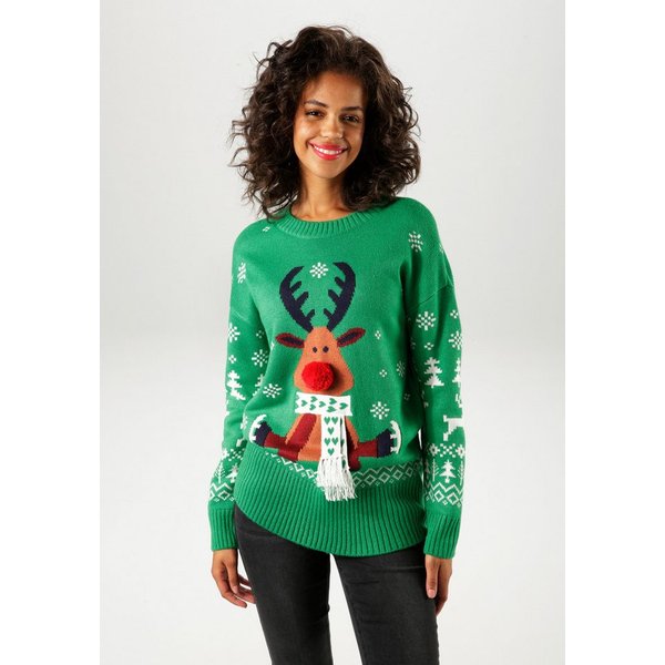 Aniston CASUAL Weihnachtspullover mit Bommel-Nase und Fransenschal