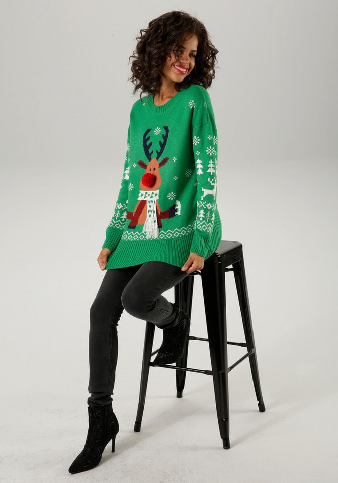 Aniston CASUAL Weihnachtspullover mit Bommel-Nase und Fransenschal – Bild 2 von 5
