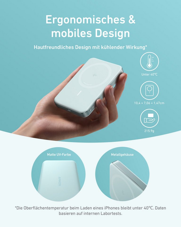 Anker Anker MagGo Powerbank, ultra-schlankes 10.000mAh magnetisches Akkupack Powerbank Qi2-zertifiziert 15W, schnelles MagSafe-kompatibles tragbares Ladegerät,  – Bild 4 von 5