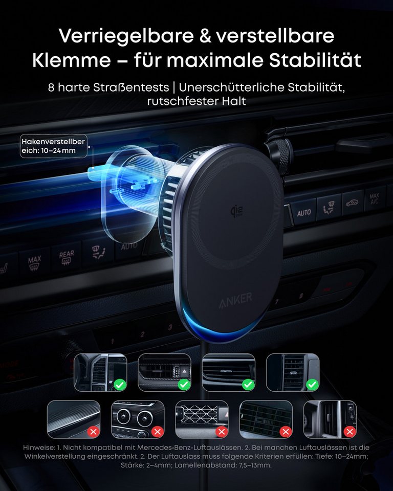 Anker Anker Prime Magsafe Autohalterung, Qi2 25W zertifiziertes Induktions-Ladegerät (Set, Handyhalterung Auto mit TEC-Aktivkühlung, Lüftungshalterung für iPhon – Bild 4 von 5