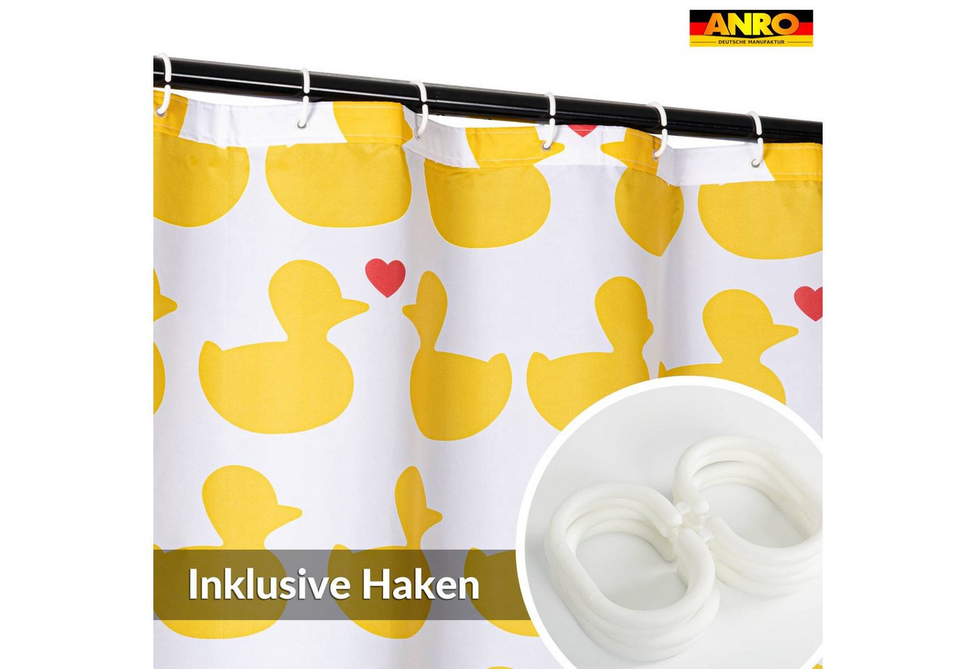 ANRO Duschvorhang FASTY Ente Anti-Schimmel Polyester Badezimmervorhang Bad-Stoff Breite 120 cm (Packung, 1-tlg., Duschvorhang inkl. Aufhängeringe), robuster Vor – Bild 2 von 5