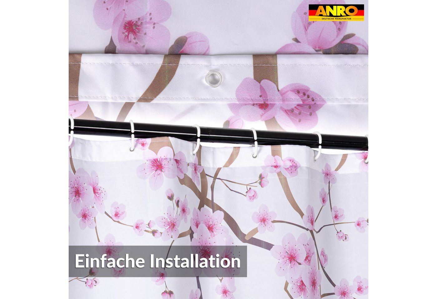 ANRO Duschvorhang FASTY Sakura Anti-Schimmel Polyester Badezimmervorhang Bad-Stoff Breite 120 cm (Packung, 1-tlg., Duschvorhang inkl. Aufhängeringe), robuster V – Bild 3 von 5