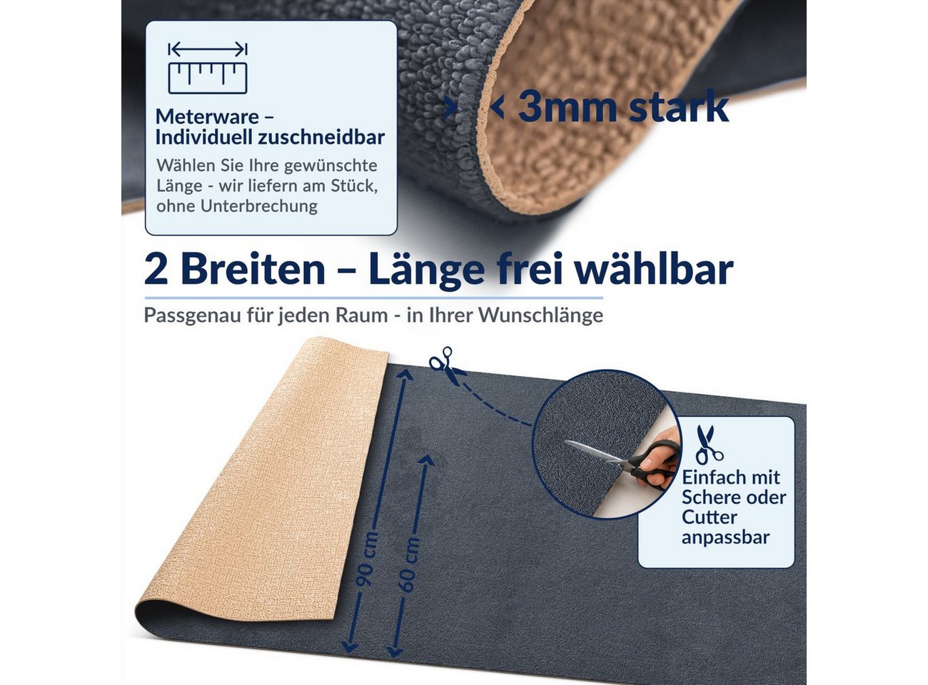 ANRO Küchenläufer HomeLoop Meterware Mikrofaser Küchenmatte rutschhemmender Rücken, Rechteckig, Höhe: 3 mm, saugstark zuschneidbar Größe: 100x60cm Anthrazit – Bild 3 von 5