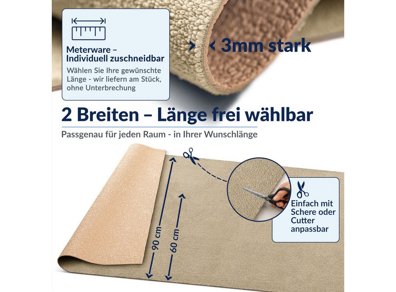 ANRO Küchenläufer HomeLoop Meterware Mikrofaser Küchenmatte rutschhemmender Rücken, Rechteckig, Höhe: 3 mm, saugstark zuschneidbar Größe: 100x60cm Einfarbig Bei – Bild 3 von 5