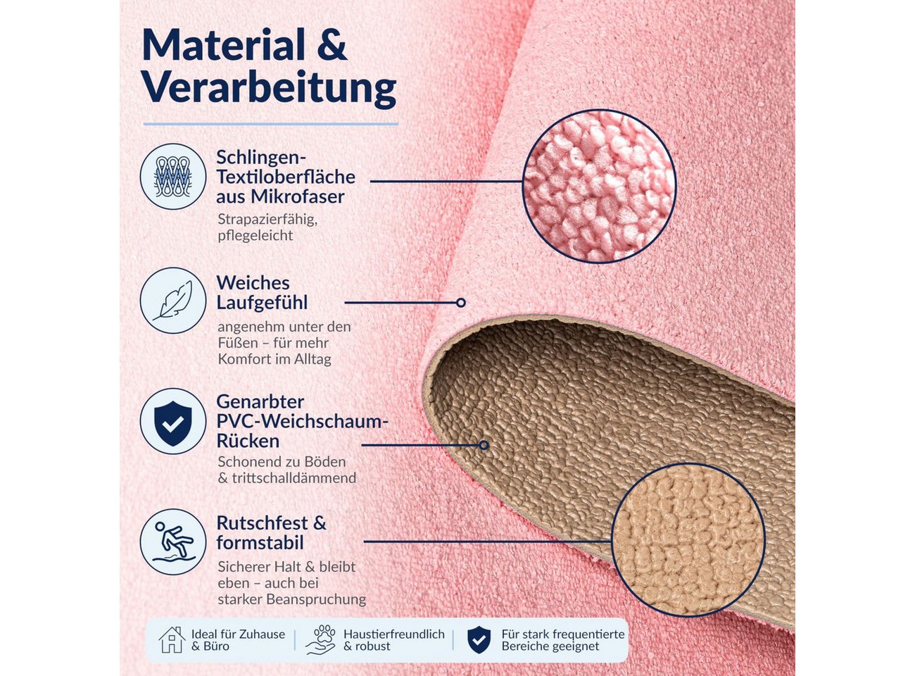 ANRO Küchenläufer HomeLoop Meterware Mikrofaser Küchenmatte rutschhemmender Rücken, Rechteckig, Höhe: 3 mm, saugstark zuschneidbar Größe: 100x60cm Einfarbig Ros – Bild 2 von 5