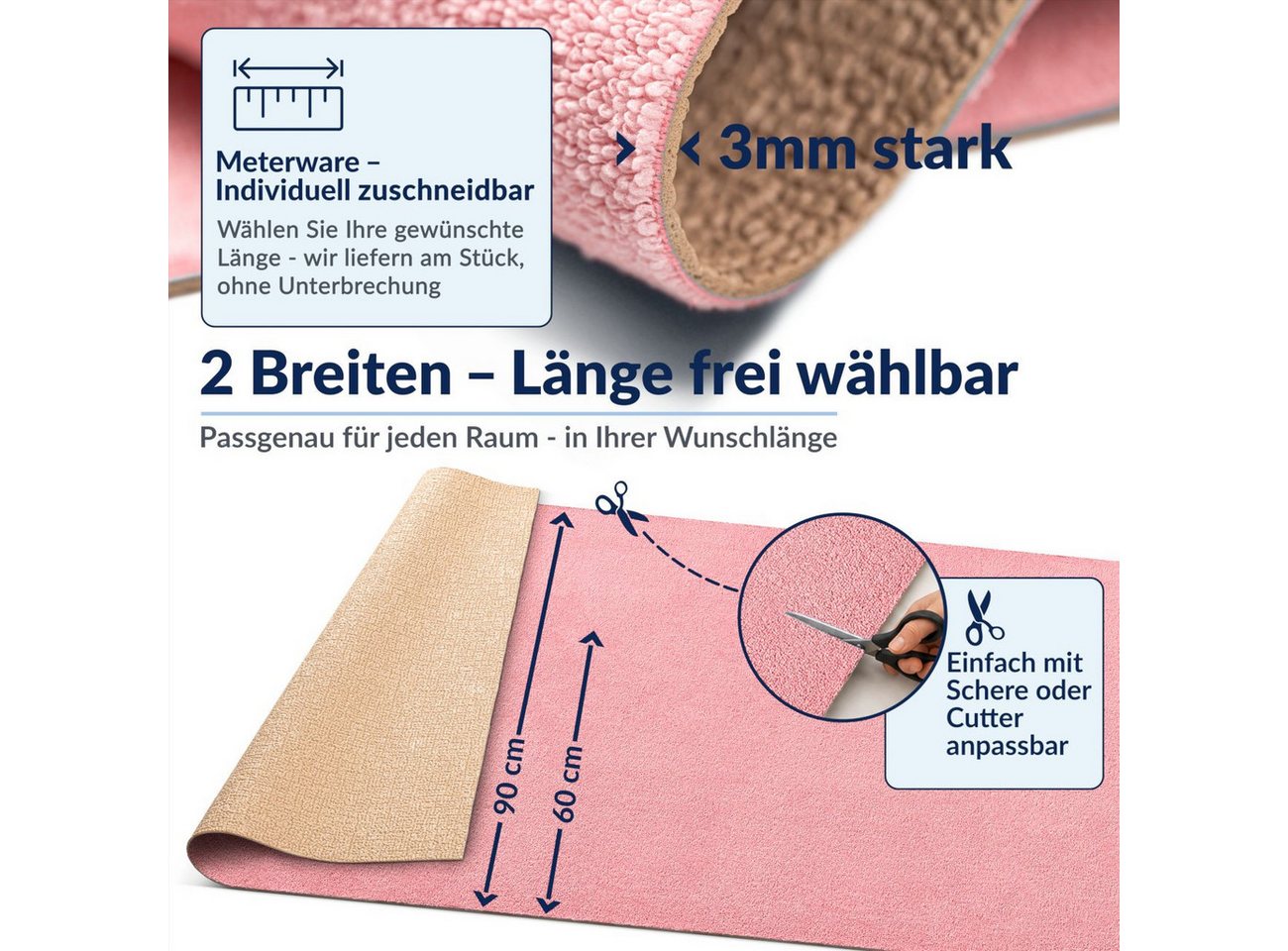 ANRO Küchenläufer HomeLoop Meterware Mikrofaser Küchenmatte rutschhemmender Rücken, Rechteckig, Höhe: 3 mm, saugstark zuschneidbar Größe: 100x60cm Einfarbig Ros – Bild 3 von 5