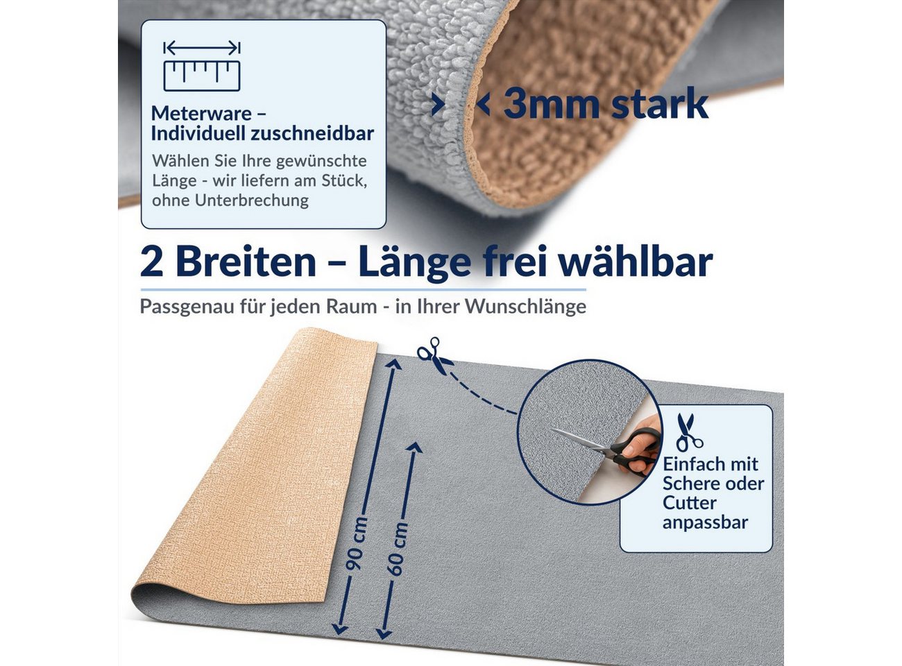 ANRO Küchenläufer HomeLoop Meterware Mikrofaser Küchenmatte rutschhemmender Rücken, Rechteckig, Höhe: 3 mm, saugstark zuschneidbar Größe: 100x60cm Einfarbig Gra – Bild 3 von 5
