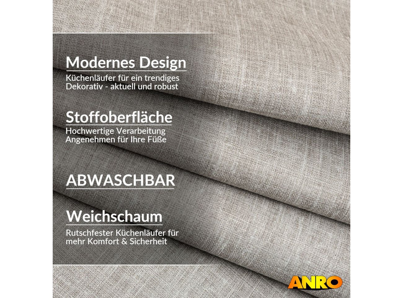 ANRO Küchenläufer Premium Einfarbig RUNNA Läufer Küchenteppich Stoff-Teppich, Rechteckig, Höhe: 3 mm, Stoff schmutzabweisend 67x100cm Vintage Grau robust – Bild 2 von 5