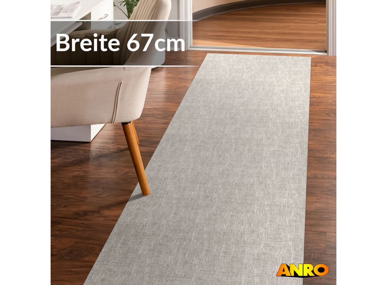 ANRO Küchenläufer Premium Einfarbig RUNNA Läufer Küchenteppich Stoff-Teppich, Rechteckig, Höhe: 3 mm, Stoff schmutzabweisend 67x100cm Vintage Grau robust – Bild 3 von 5