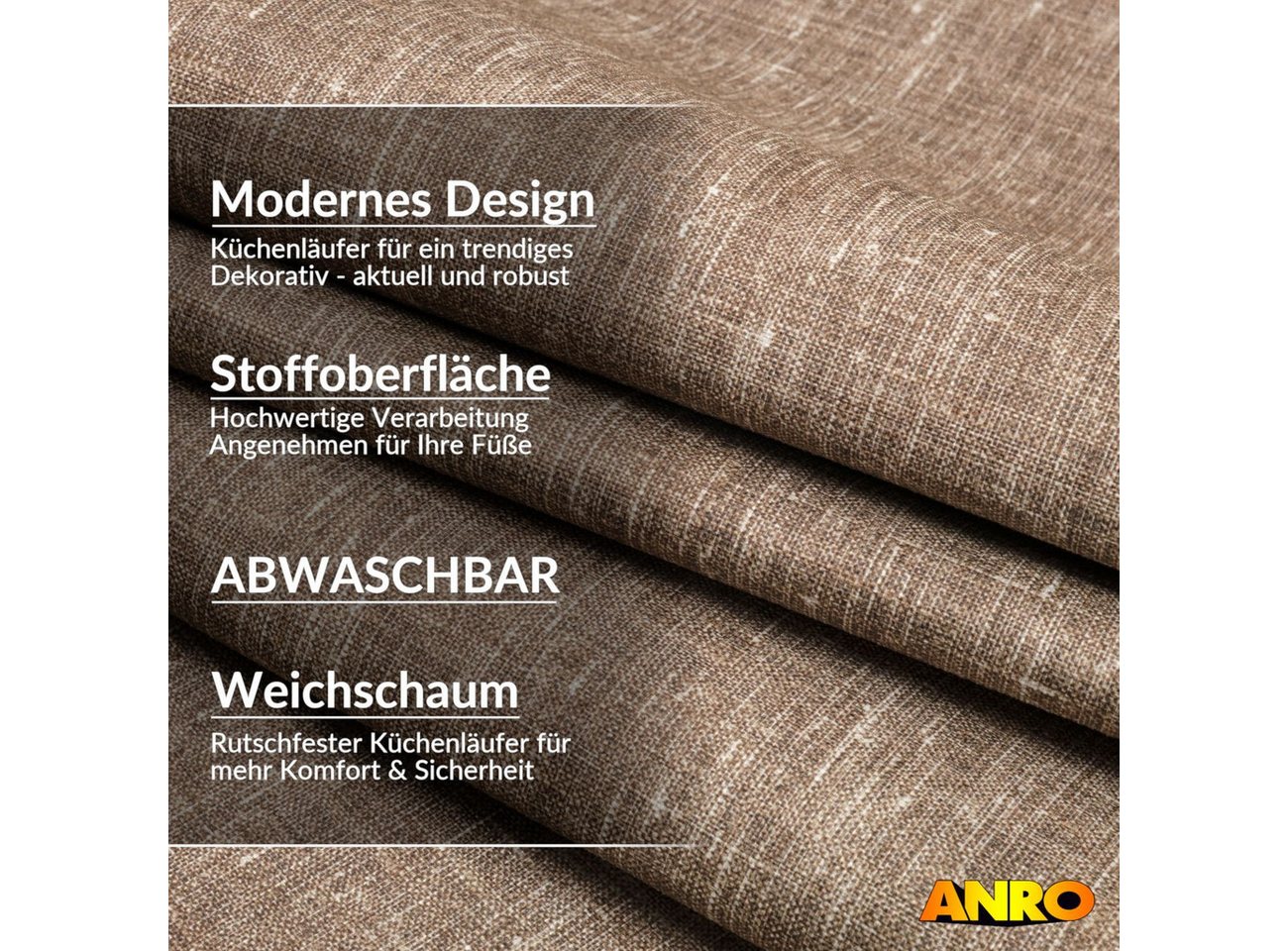 ANRO Küchenläufer Premium Einfarbig RUNNA Läufer Küchenteppich Stoff-Teppich, Rechteckig, Höhe: 3 mm, Stoff schmutzabweisend 67x100cm Minimal Braun robust – Bild 2 von 5