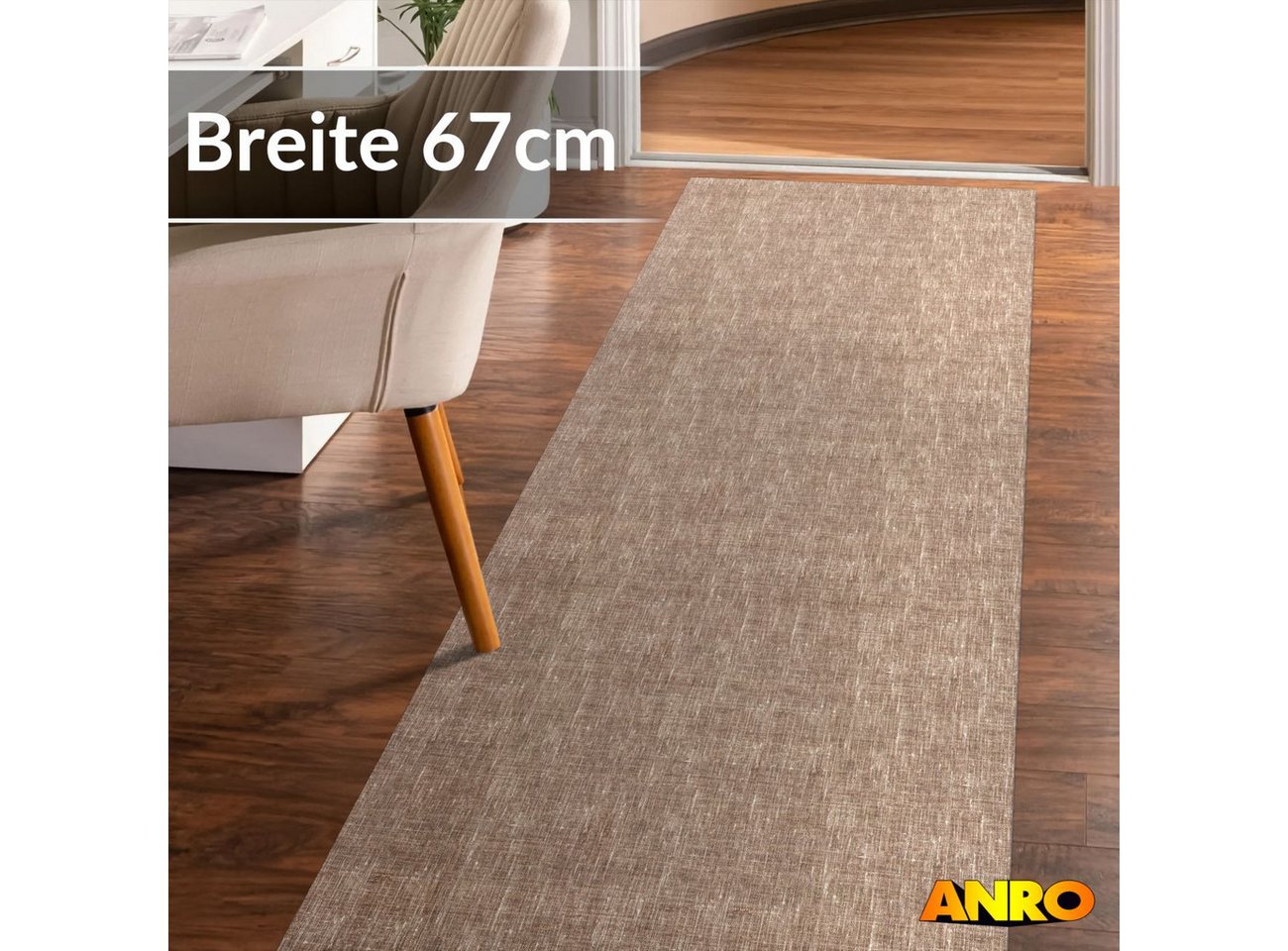 ANRO Küchenläufer Premium Einfarbig RUNNA Läufer Küchenteppich Stoff-Teppich, Rechteckig, Höhe: 3 mm, Stoff schmutzabweisend 67x100cm Minimal Braun robust – Bild 3 von 5