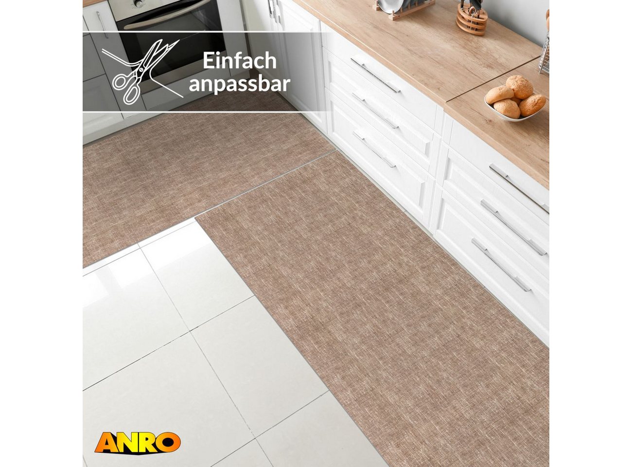 ANRO Küchenläufer Premium Einfarbig RUNNA Läufer Küchenteppich Stoff-Teppich, Rechteckig, Höhe: 3 mm, Stoff schmutzabweisend 67x100cm Minimal Braun robust – Bild 4 von 5