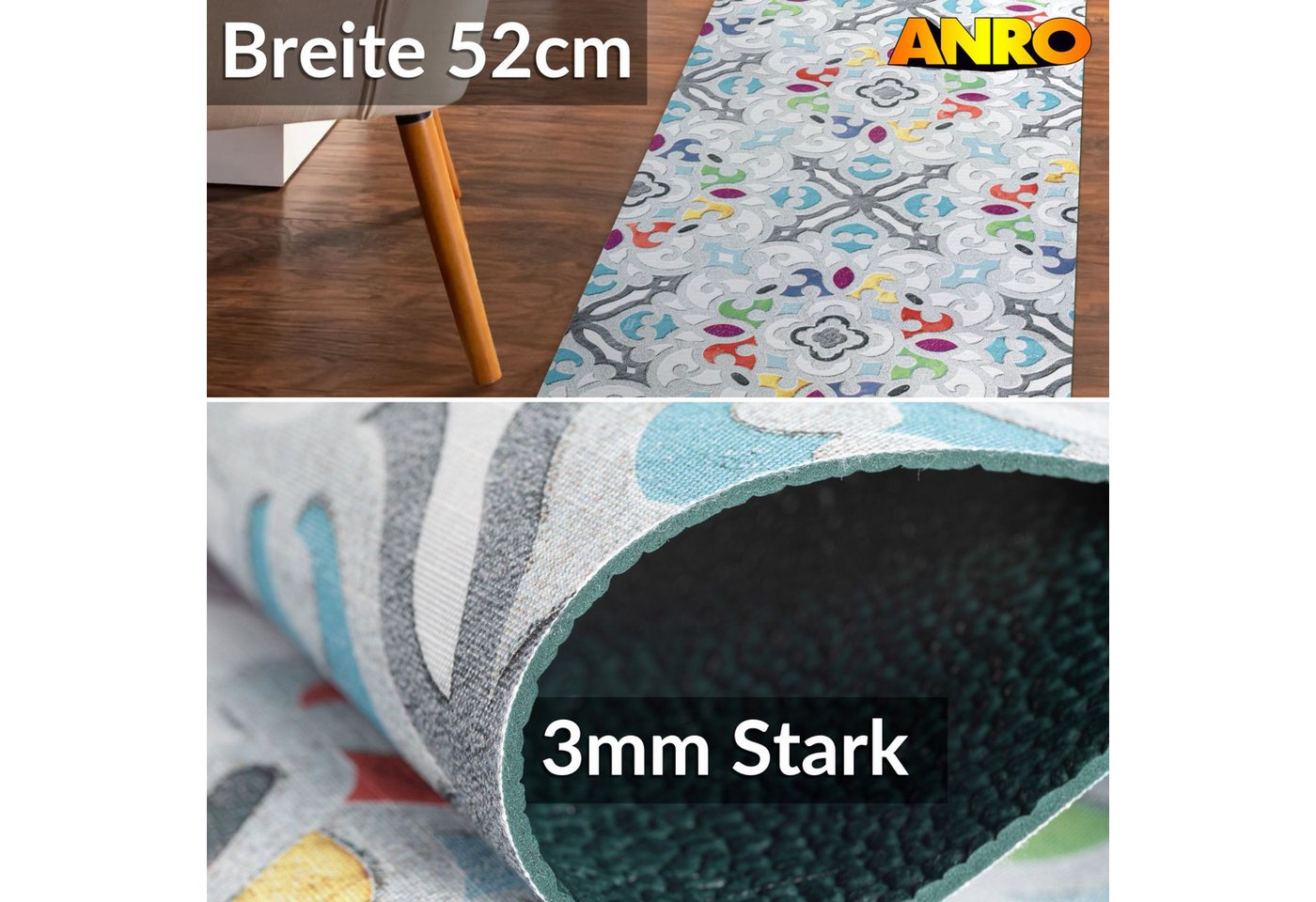 ANRO Küchenläufer Teppichläufer Textil, Rechteckig, Höhe: 3 mm, Bodenläufer 100cm Valentina Grau pflegeleicht – Bild 2 von 5